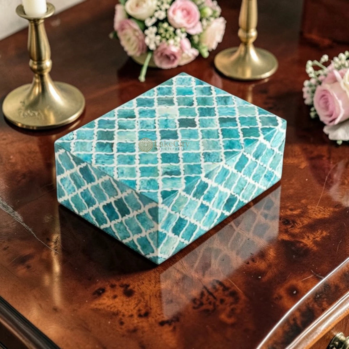 Colored Bone Inlay Jewelry Box - Handmade Geometric Design