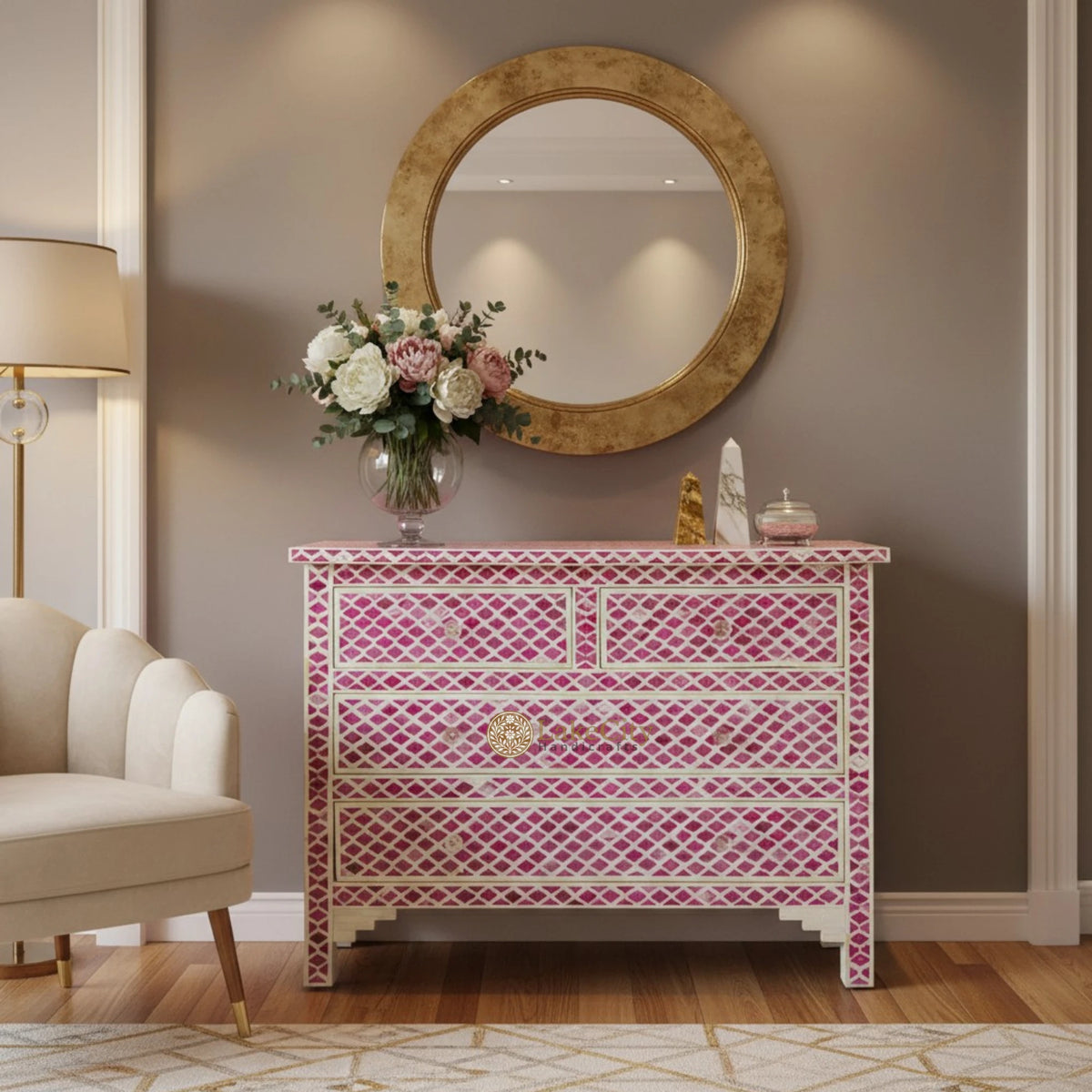 Pink Colored Bone Inlay Marrakech Chest Of 4 Drawer