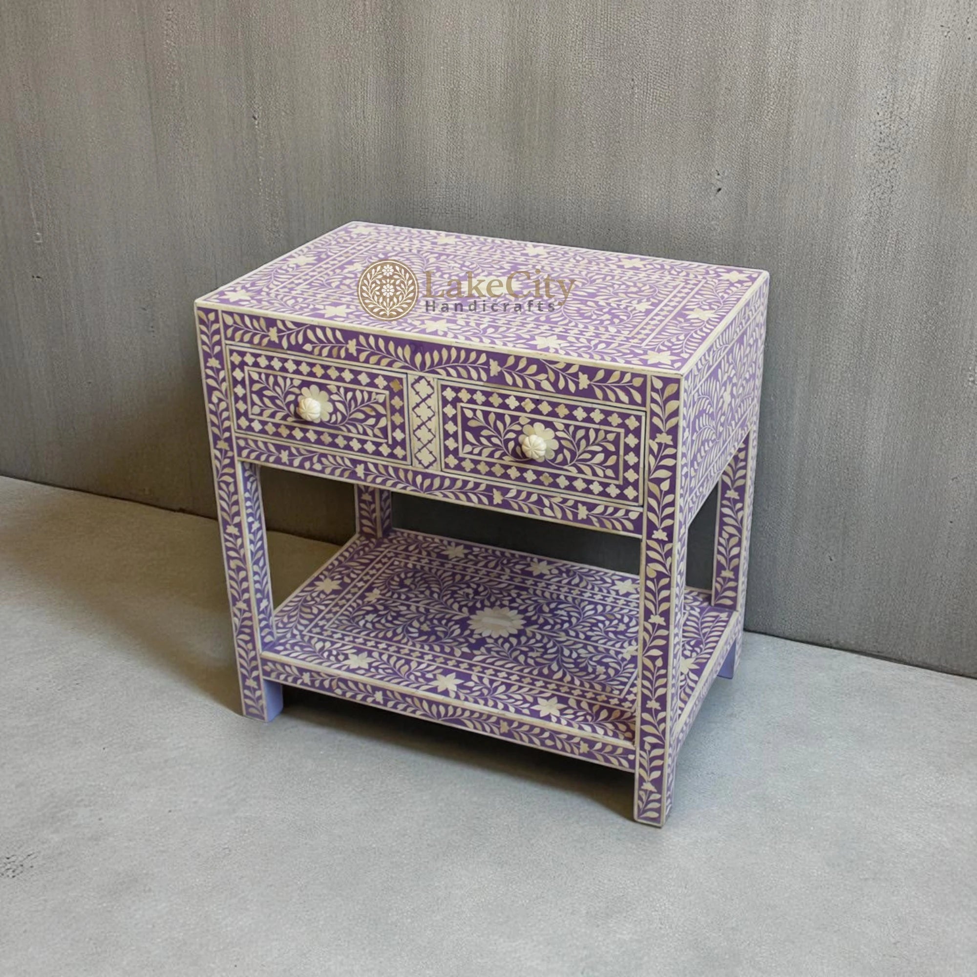 Dark Lavender Bone Inlay 2 Drawer 1 Shelf Bedside
