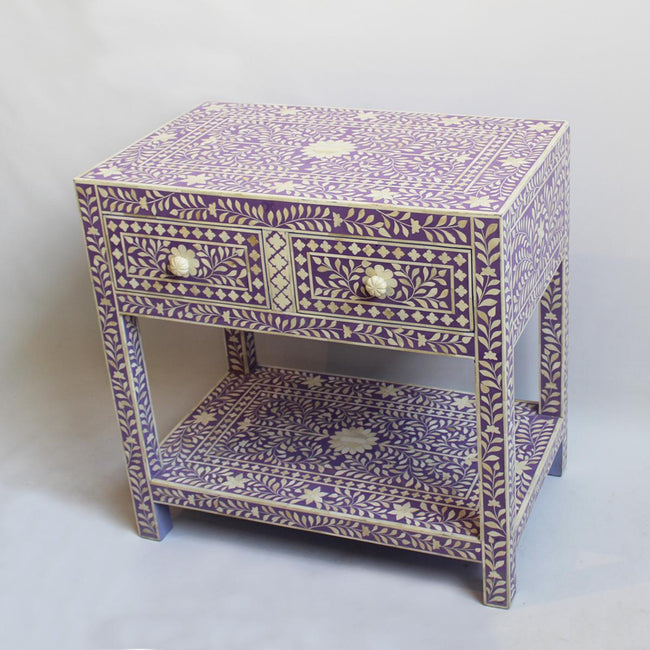 Dark Lavender Bone Inlay 2 Drawer 1 Shelf Bedside 1