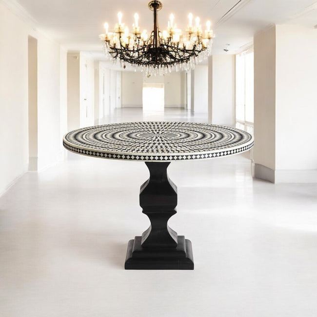 Diamond Bone Inlay Round Dining Table Black