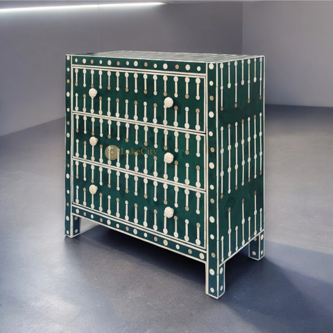 Dot Bone Inlay 3 Drawer Chest Dark Green