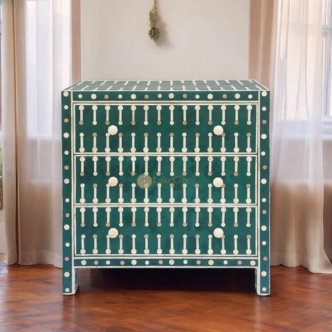 Dot Bone Inlay 3 Drawer Chest Dark Green