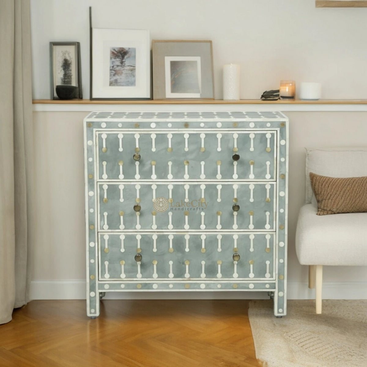Dot Bone Inlay 3 Drawer Chest Light Green