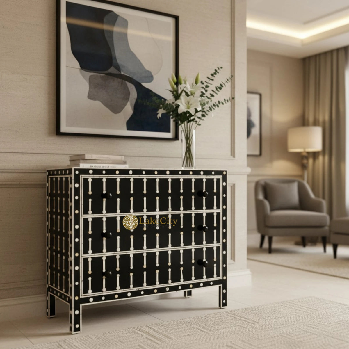 Dot Bone Inlay 3 Drawer Chest Black