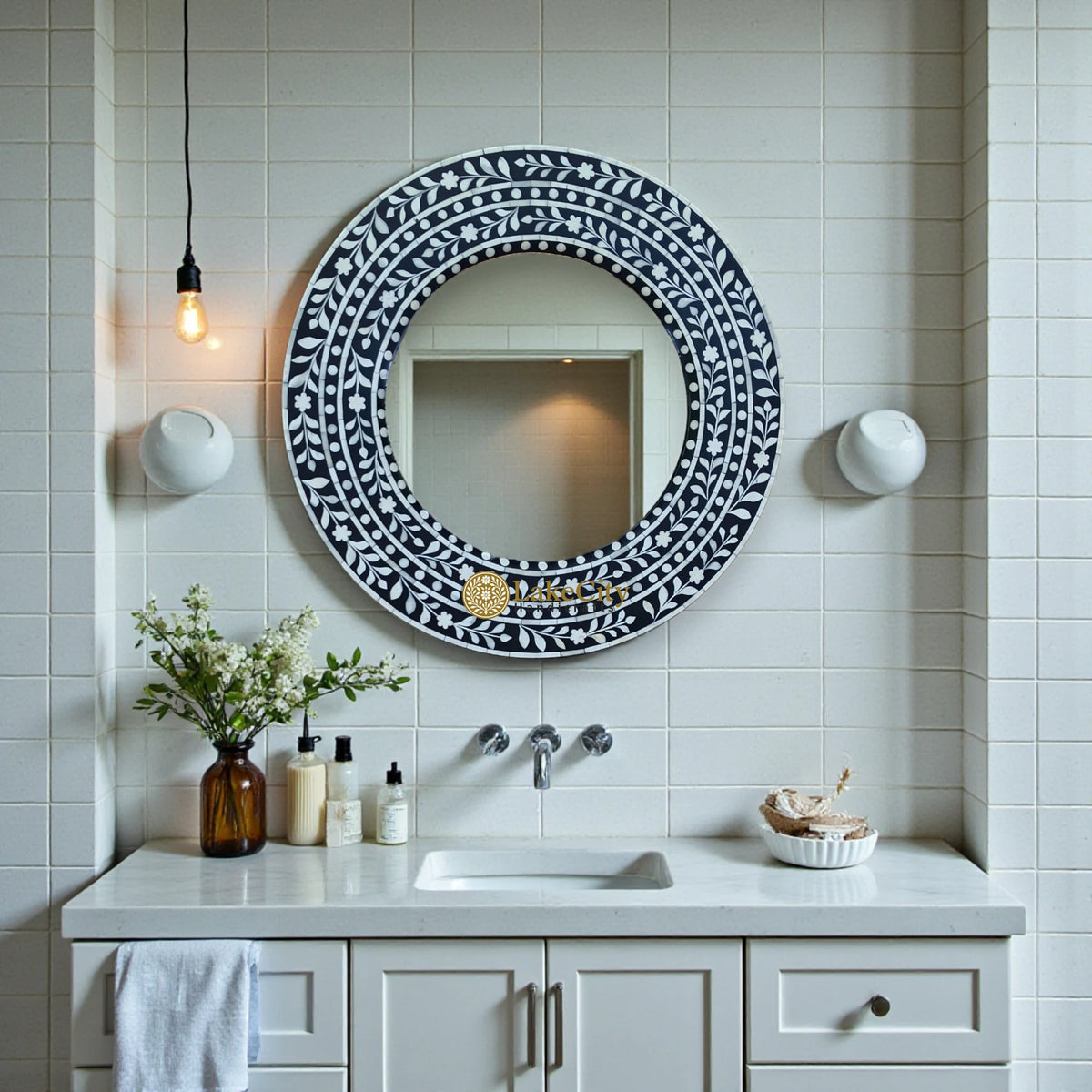 Dot Floral Bone Inlay Mirror Black