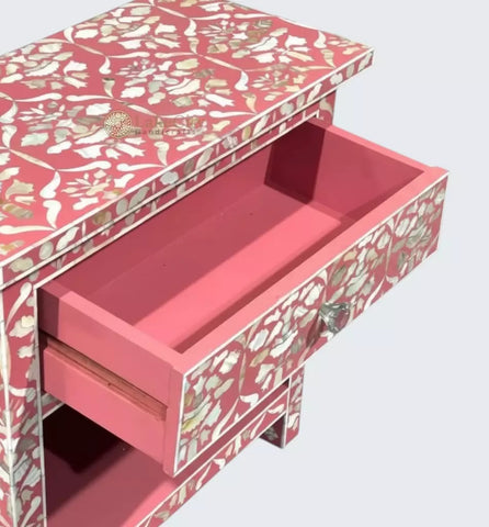 Elke Mother Of Pearl Inlay 1 Drawer Bedside Table Pink