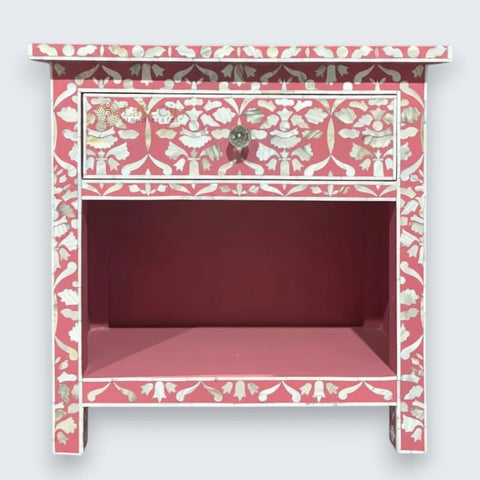 Elke Mother Of Pearl Inlay 1 Drawer Bedside Table Pink