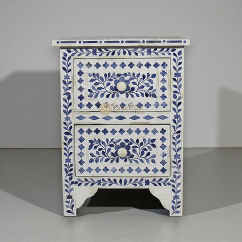Ella Colored Bone Inlay Floral Bedside Navy Blue | Blue Bedside Table