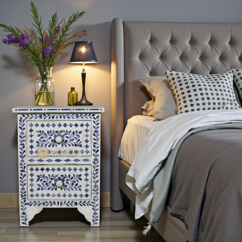 Ella Colored Bone Inlay Floral Bedside Navy Blue | Blue Bedside Table