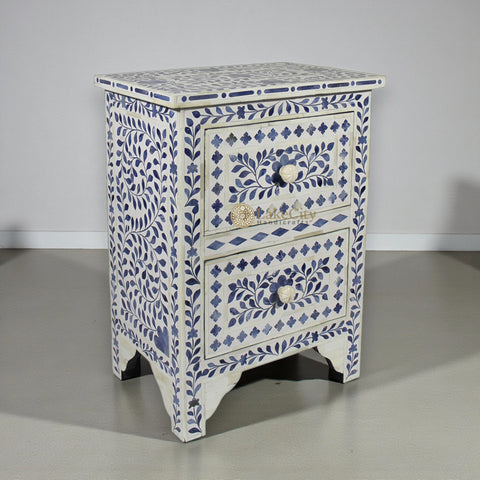 Ella Colored Bone Inlay Floral Bedside Navy Blue | Blue Bedside Table