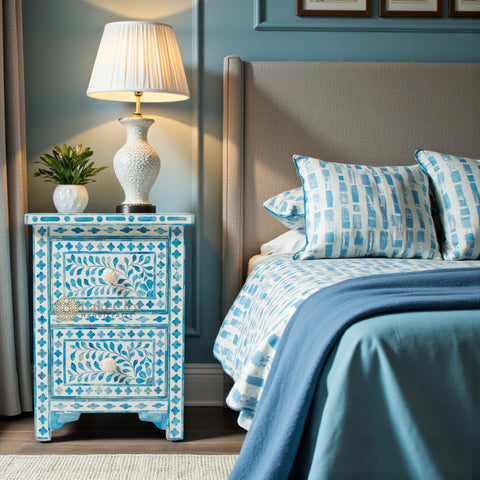 Ella Colored Bone Inlay Floral Bedside Turquoise