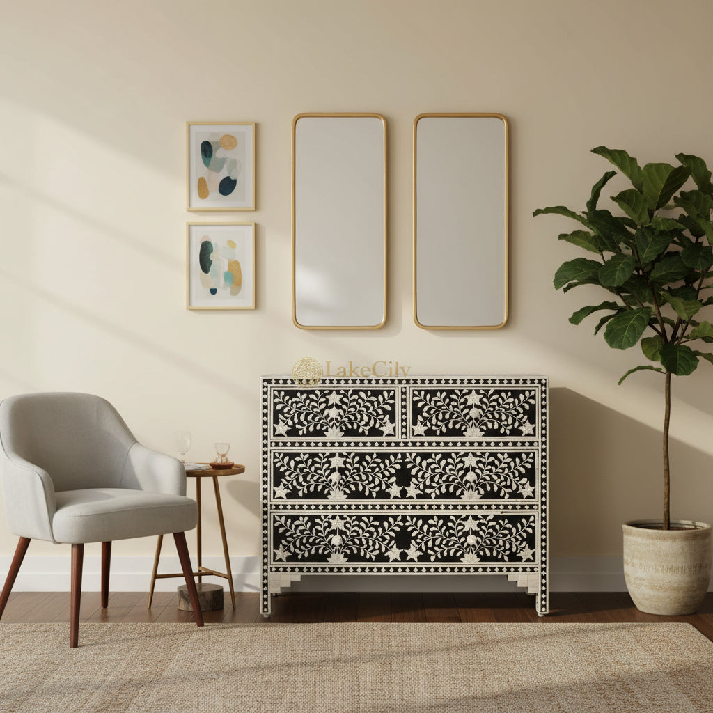 Embossed Bone Inlay Floral Design Chest Of 4 Drawers Black