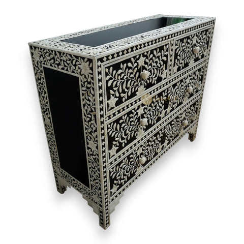 Embossed Bone Inlay Floral Design Chest Of 4 Drawers Black