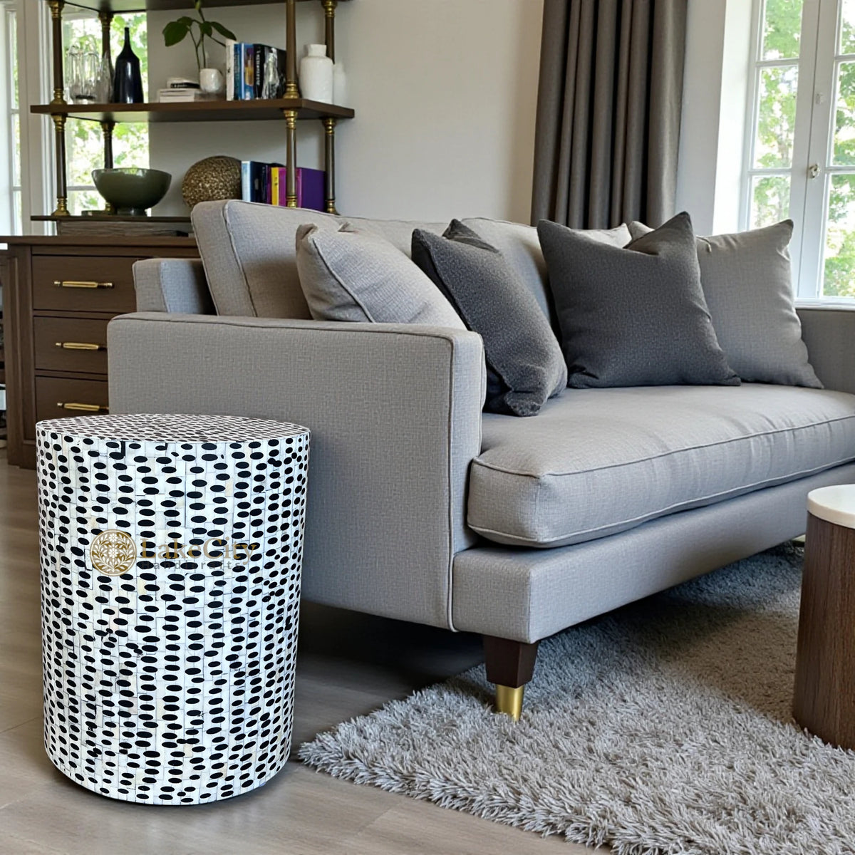 FUSION Full Bone Inlay Round Side Table Black