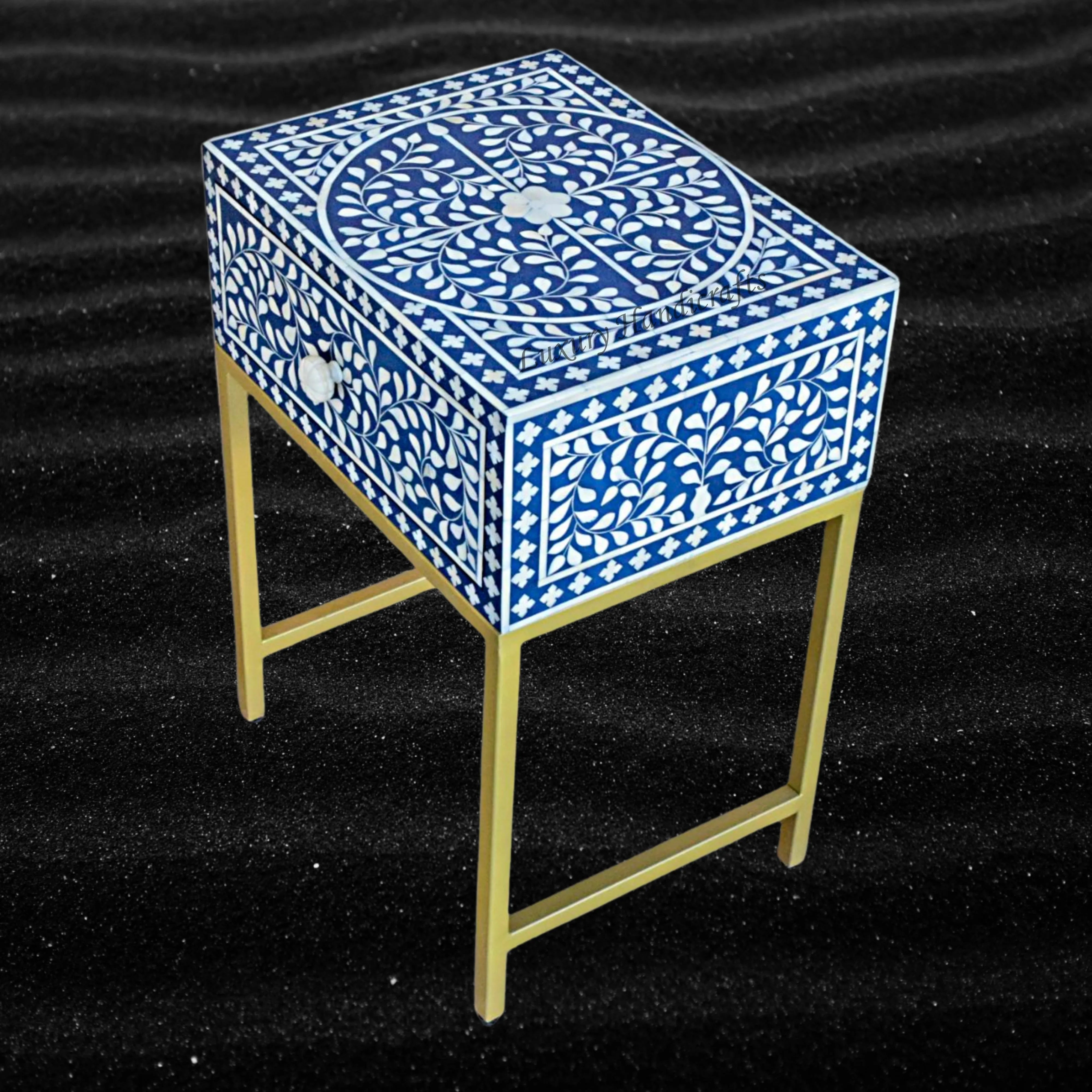 Blue Inlay Night Stand FUSION Bone Inlay Nightstand Blue Ready to Ship – Lakecity Handicrafts