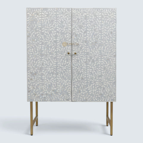 Floral Spiral Bone Inlay Bar Cabinet Grey