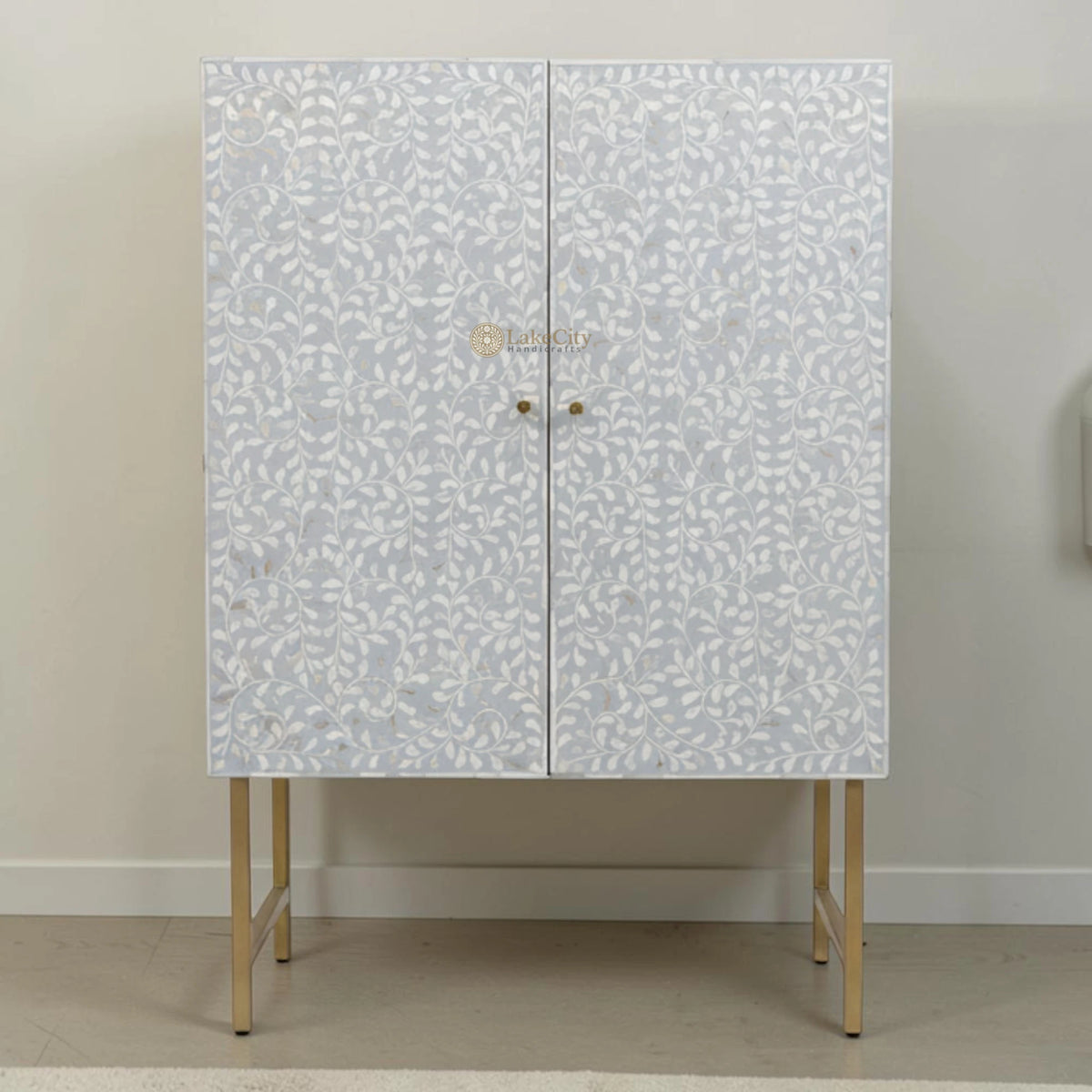 Floral Spiral Bone Inlay Bar Cabinet Grey