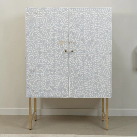 Floral Spiral Bone Inlay Bar Cabinet Grey