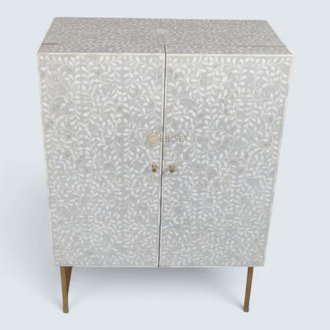 Floral Spiral Bone Inlay Bar Cabinet Grey