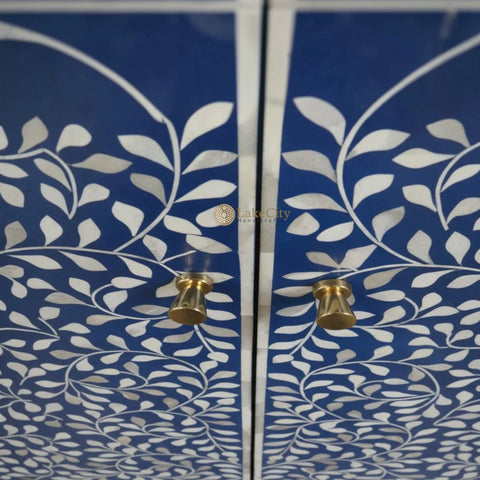Floral Spiral Bone Inlay Bar Cabinet Indigo Blue