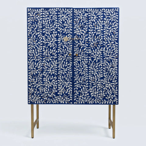 Floral Spiral Bone Inlay Bar Cabinet Indigo Blue
