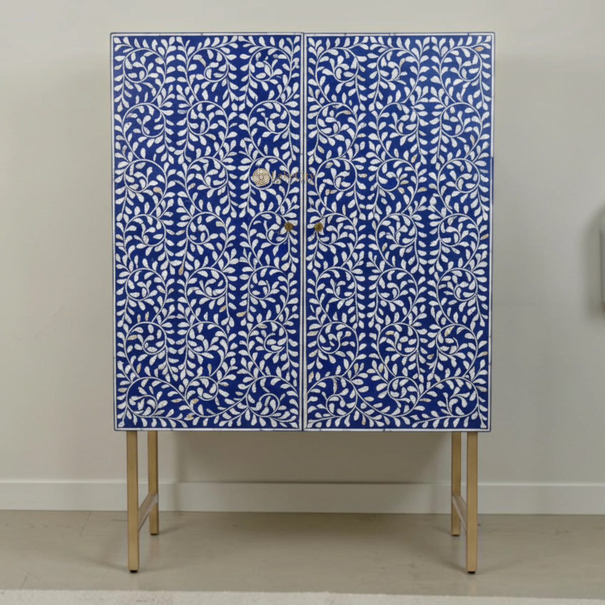 Floral Spiral Bone Inlay Bar Cabinet Indigo Blue
