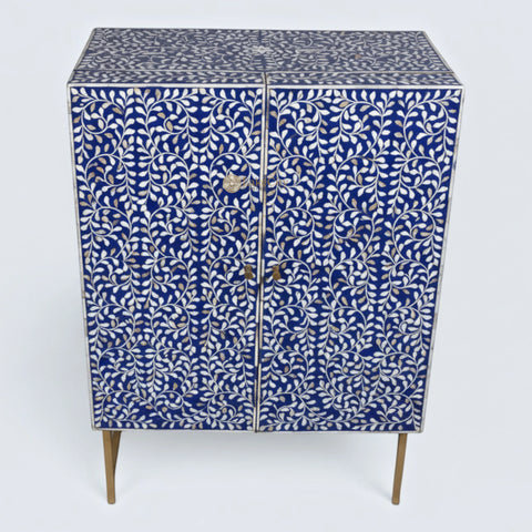 Floral Spiral Bone Inlay Bar Cabinet Indigo Blue