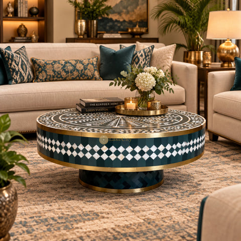 Floral Vines Bone Inlay Round Coffee Table Green