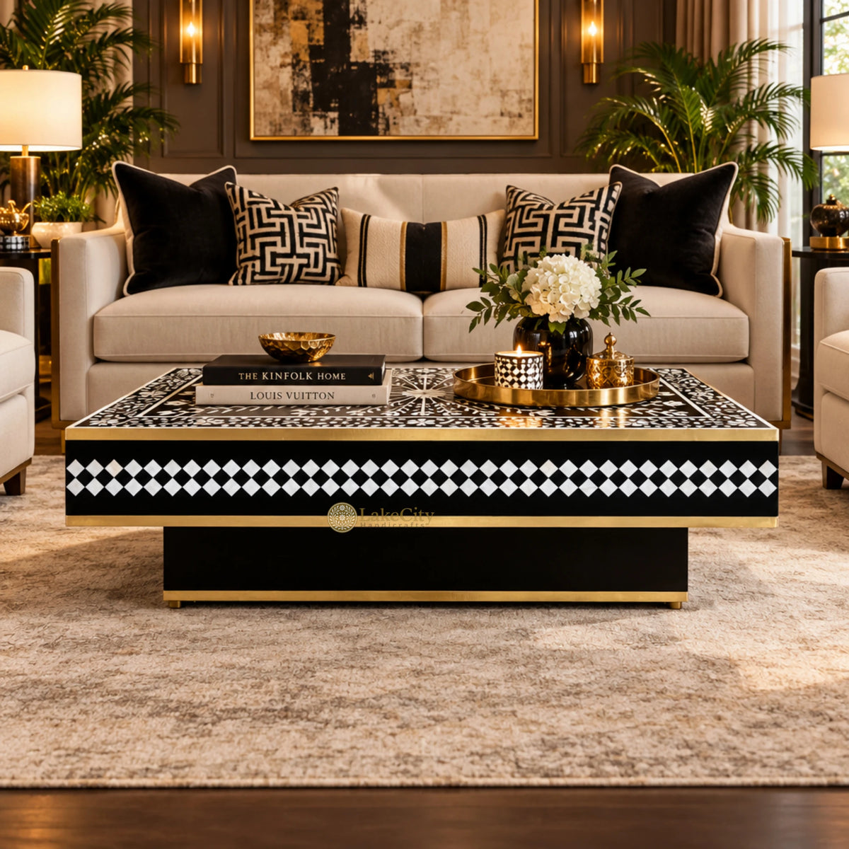 Floral Vines MOP Inlay Coffee Table Rectangle Black