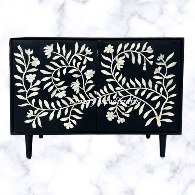 Flower Bone Inlay 2 Door Cabinet Black 1