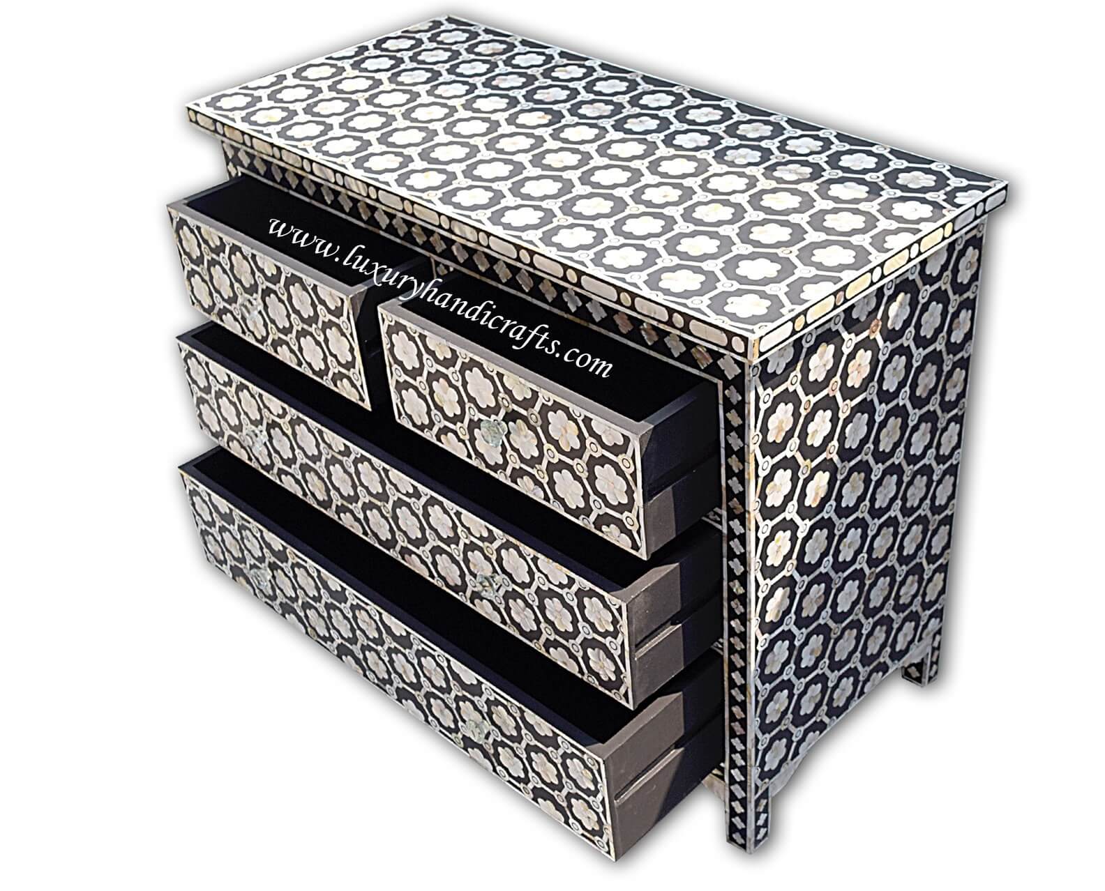 Flower Design Chest Of Four Drawer Mother Of Pearl Inlay Black 3