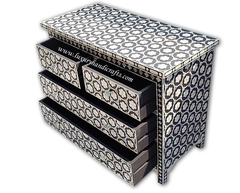 Flower Design Chest Of Four Drawer Mother Of Pearl Inlay Black 3