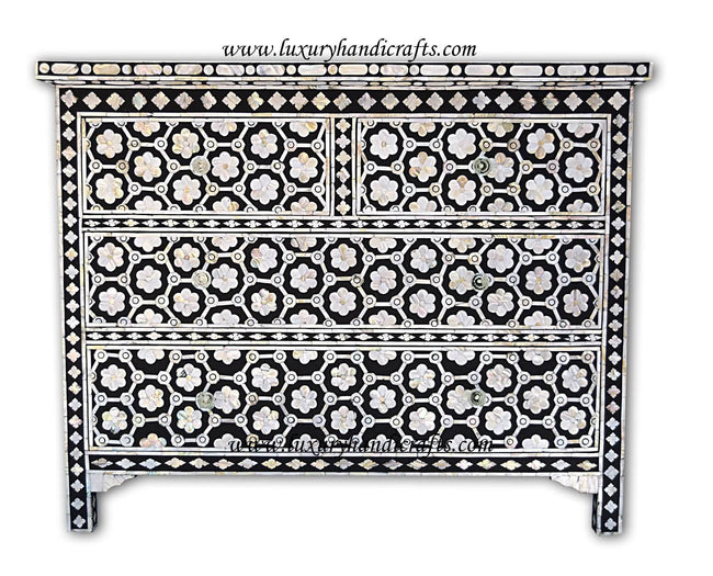 Flower Design Chest Of Four Drawer Mother Of Pearl Inlay Black 1