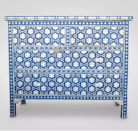 Flower Bone Inlay 4 Drawer Chest Dark Blue