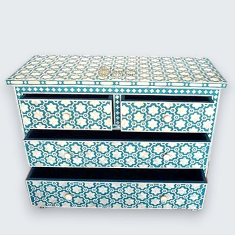 Flower Bone Inlay 4 Drawer Chest Teal Green