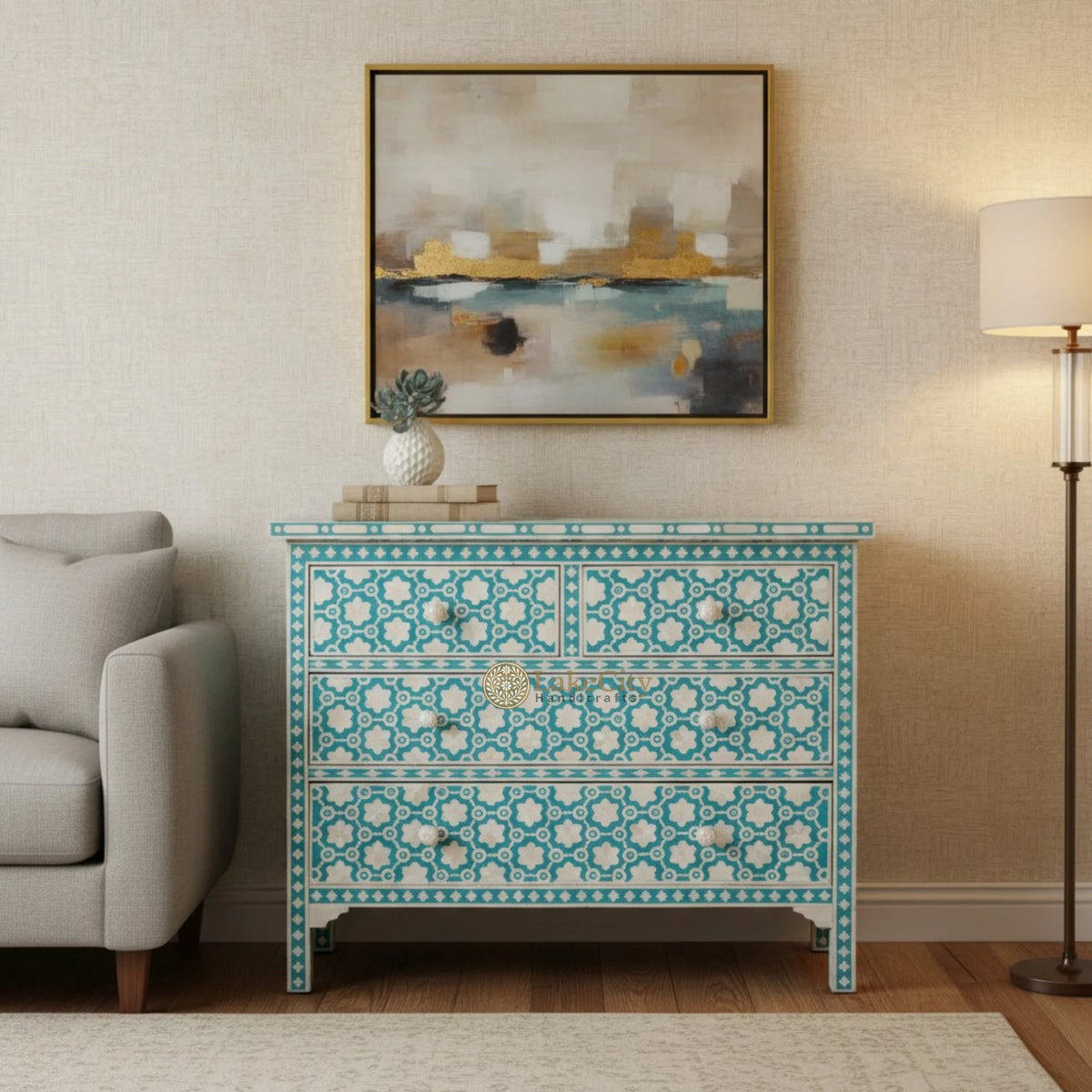 Flower Bone Inlay 4 Drawer Chest Teal Green