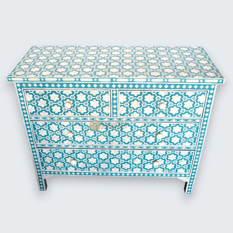 Flower Bone Inlay 4 Drawer Chest Teal Green