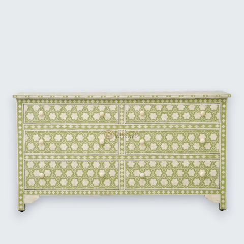 Cómoda de 6 cajones con incrustaciones de hueso y flores, color verde salvia
