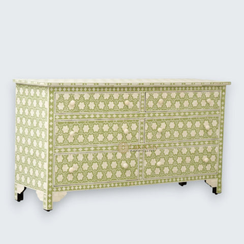 Cómoda de 6 cajones con incrustaciones de hueso y flores, color verde salvia