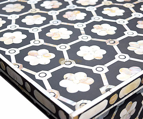 Flower Design Chest Of Four Drawer Mother Of Pearl Inlay Black
