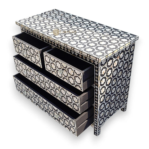 Flower Design Chest Of Four Drawer Mother Of Pearl Inlay Black