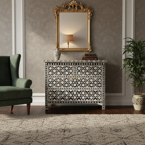 Flower Design Chest Of Four Drawer Mother Of Pearl Inlay Black