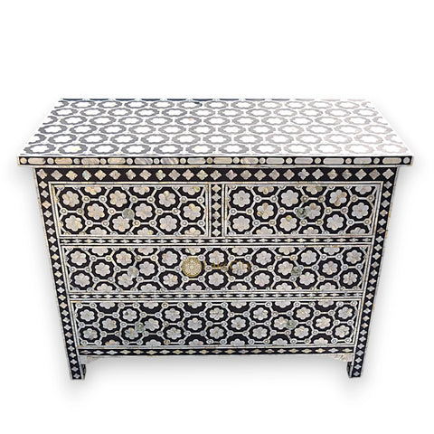Flower Design Chest Of Four Drawer Mother Of Pearl Inlay Black