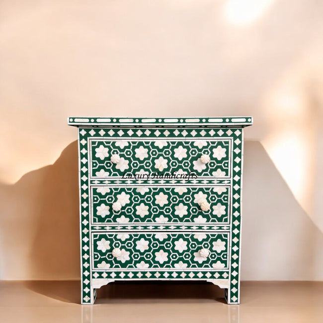 Flower Bone Inlay 3 Drawer Bedside Teal Green