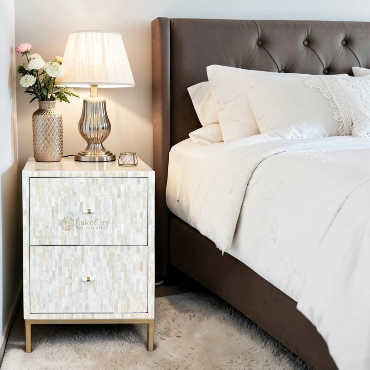 Full Bone Inlay 2 Drawer Bedside | 2 Drawer Bedside Table