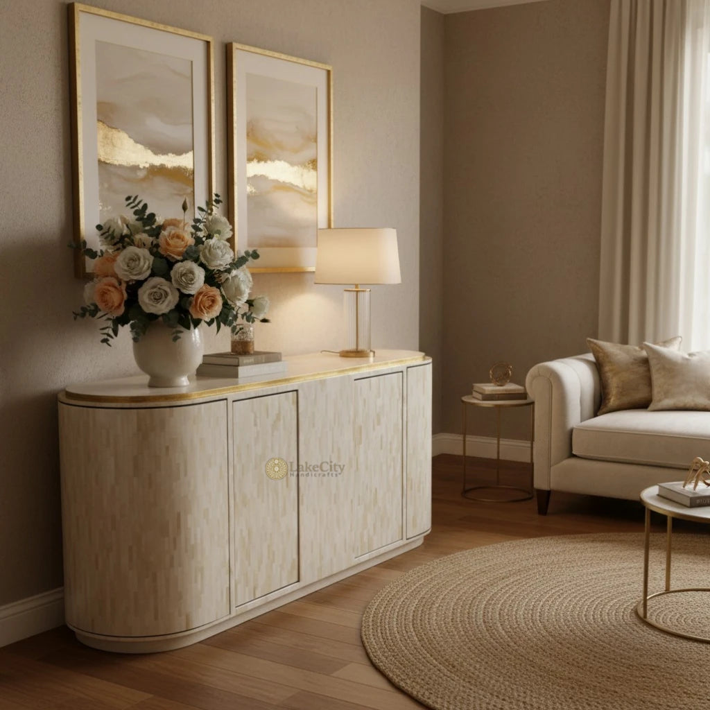 Full Bone Inlay Oval Shape 3 Doors Sideboard White