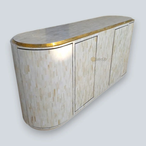Full Bone Inlay Oval Shape 3 Doors Sideboard White