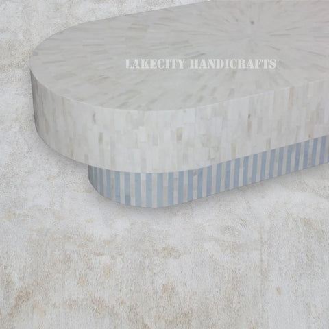 Full Bone Inlay Oval Shape Coffee Table White & Mint Blue | Full Bone Inlay Oval Shape Center Table White & Mint Blue