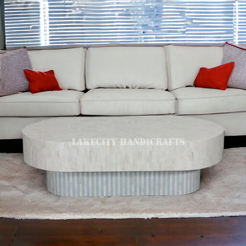 Full Bone Inlay Oval Shape Coffee Table White & Mint Blue | Full Bone Inlay Oval Shape Center Table White & Mint Blue